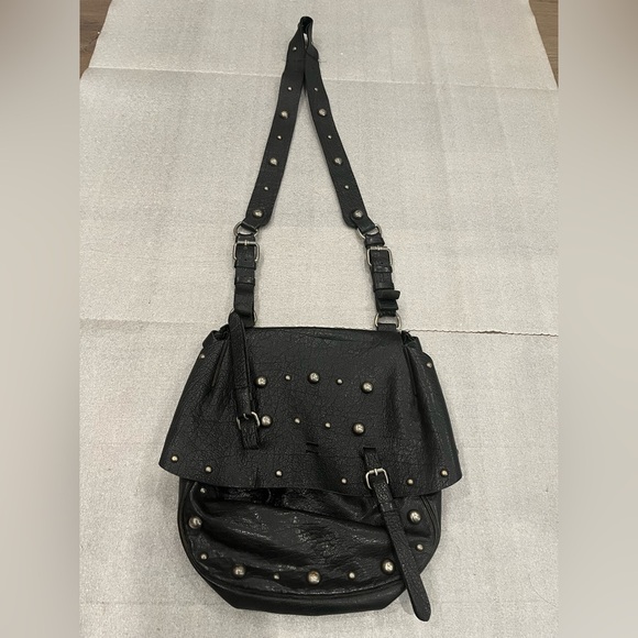 Lucky Brand Pebble Leather Studded Black Crossbody Bag Boho Hippie - Picture 1 of 16